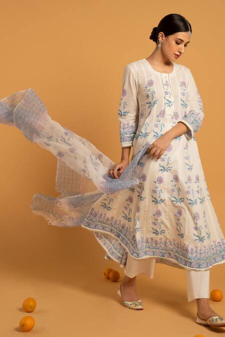 Buy_Maison Shefali_White Kota Doria, Pure , Soft Round Printed Anarkali Set _Online_at_Aza_Fashions