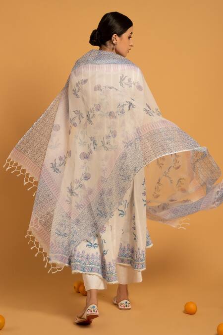 Shop_Maison Shefali_White Kota Doria, Pure , Soft Round Printed Anarkali Set _at_Aza_Fashions