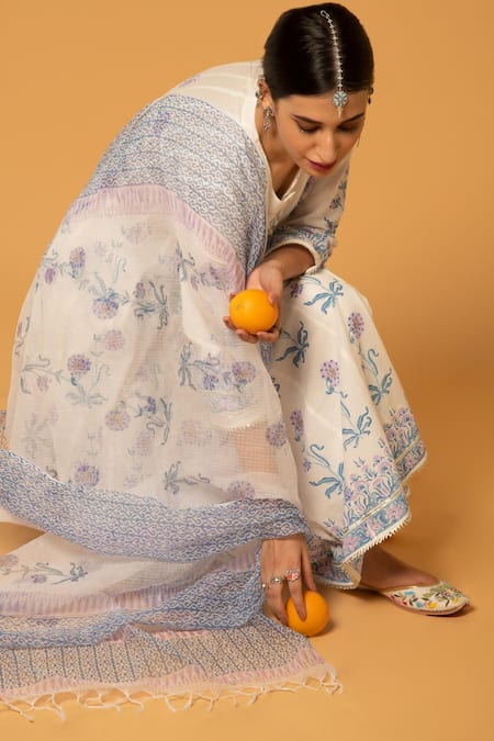 Shop_Maison Shefali_White Kota Doria, Pure , Soft Round Printed Anarkali Set _Online_at_Aza_Fashions