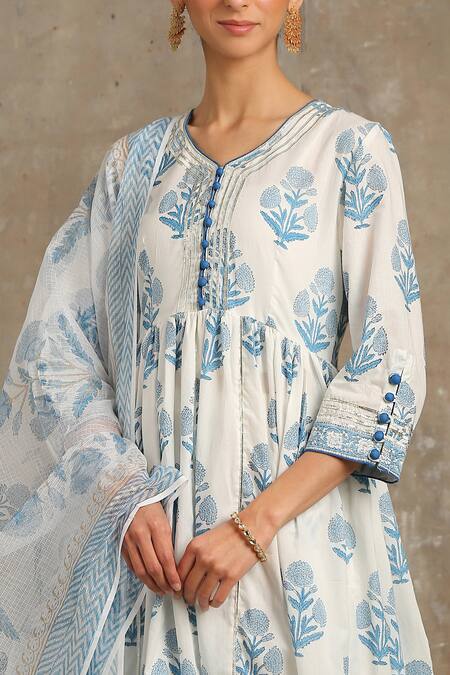 Shop_Maison Shefali_Blue Cotton V Neck Floral Print Anarkali Set _Online_at_Aza_Fashions