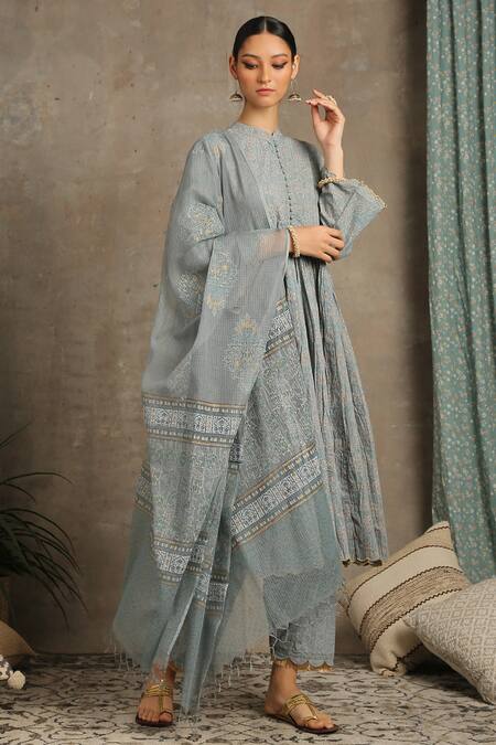 Maison Shefali_Grey Cotton Band Collar Floral Print Anarkali Set_Online_at_Aza_Fashions