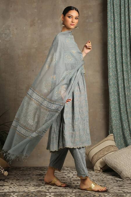 Buy_Maison Shefali_Grey Cotton Band Collar Floral Print Anarkali Set_Online_at_Aza_Fashions