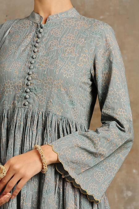 Shop_Maison Shefali_Grey Cotton Band Collar Floral Print Anarkali Set_Online_at_Aza_Fashions