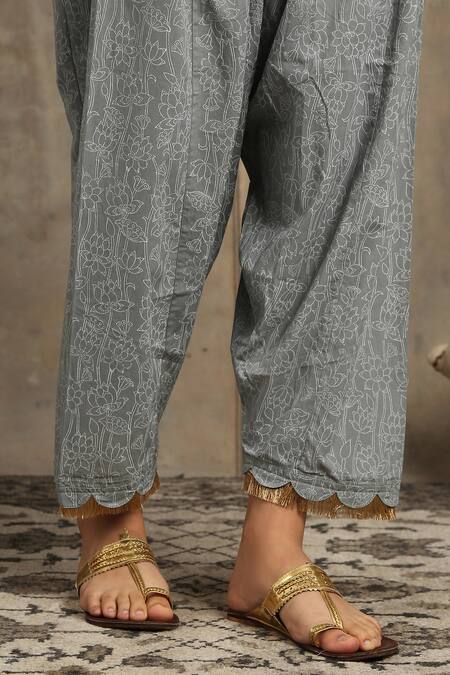 Maison Shefali_Grey Cotton Band Collar Floral Print Anarkali Set_at_Aza_Fashions