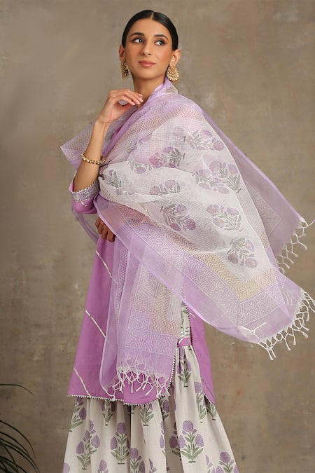 Buy_Maison Shefali_Purple Cotton Round Printed Kurta And Sharara Set _Online_at_Aza_Fashions