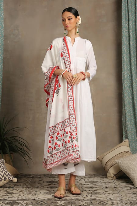 Maison Shefali White Cotton Band Collar Anarkali With Printed Dupatta Set 