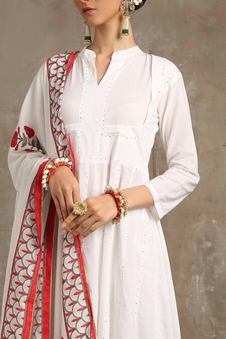 Shop_Maison Shefali_White Cotton Band Collar Anarkali With Printed Dupatta Set _Online_at_Aza_Fashions