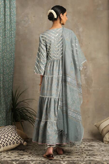 Shop_Maison Shefali_Grey Cotton V Neck Printed Anarkali And Palazzo Set_at_Aza_Fashions