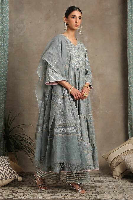 Maison Shefali_Grey Cotton V Neck Printed Anarkali And Palazzo Set_Online_at_Aza_Fashions