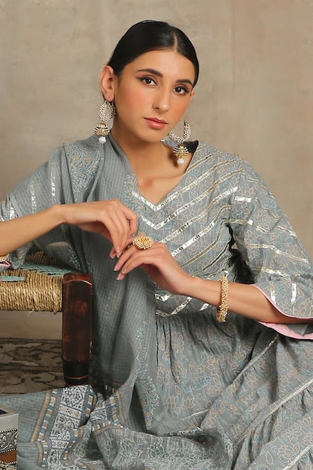 Buy_Maison Shefali_Grey Cotton V Neck Printed Anarkali And Palazzo Set_Online_at_Aza_Fashions