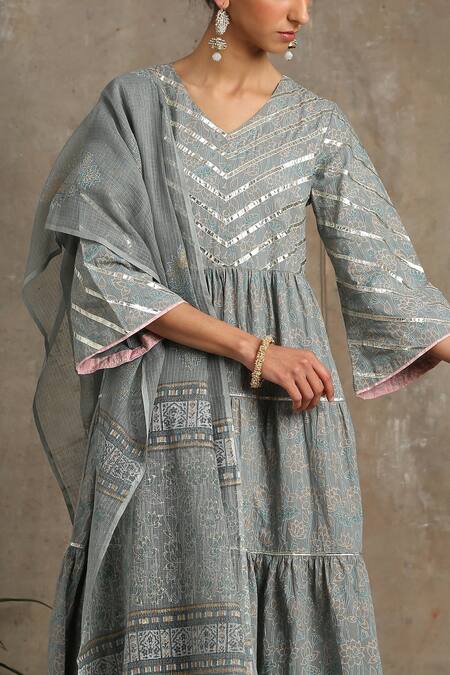 Shop_Maison Shefali_Grey Cotton V Neck Printed Anarkali And Palazzo Set_Online_at_Aza_Fashions