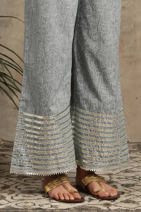 Maison Shefali_Grey Cotton V Neck Printed Anarkali And Palazzo Set_at_Aza_Fashions