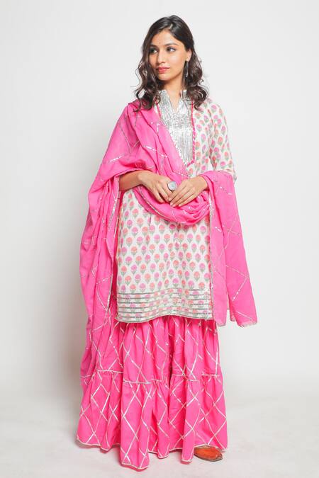 Maison Shefali White , Mul Gota Work Printed Kurta Sharara Set Online at Aza Fashions Maison Shefali_White , Mul Gota Work Printed Kurta Sharara Set _Online_at_Aza_Fashions