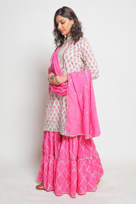 Buy Maison Shefali White , Mul Gota Work Printed Kurta Sharara Set Online at Aza Fashions Buy_Maison Shefali_White , Mul Gota Work Printed Kurta Sharara Set _Online_at_Aza_Fashions