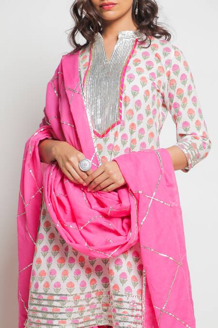 Shop Maison Shefali White , Mul Gota Work Printed Kurta Sharara Set Online at Aza Fashions Shop_Maison Shefali_White , Mul Gota Work Printed Kurta Sharara Set _Online_at_Aza_Fashions