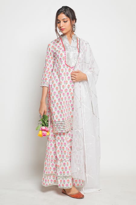 Maison Shefali White Cotton, Kota Doria Work Printed Kurta Sharara Set Online at Aza Fashions Maison Shefali_White Cotton, Kota Doria Work Printed Kurta Sharara Set _Online_at_Aza_Fashions