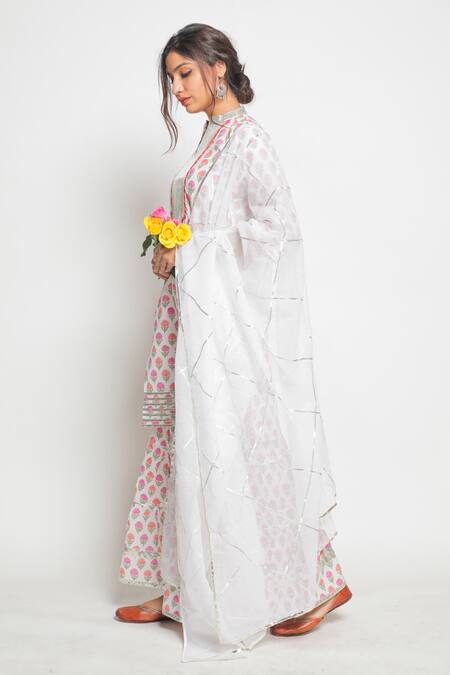 Buy Maison Shefali White Cotton, Kota Doria Work Printed Kurta Sharara Set Online at Aza Fashions Buy_Maison Shefali_White Cotton, Kota Doria Work Printed Kurta Sharara Set _Online_at_Aza_Fashions