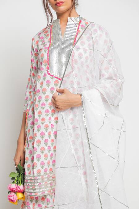 Shop Maison Shefali White Cotton, Kota Doria Work Printed Kurta Sharara Set Online at Aza Fashions Shop_Maison Shefali_White Cotton, Kota Doria Work Printed Kurta Sharara Set _Online_at_Aza_Fashions