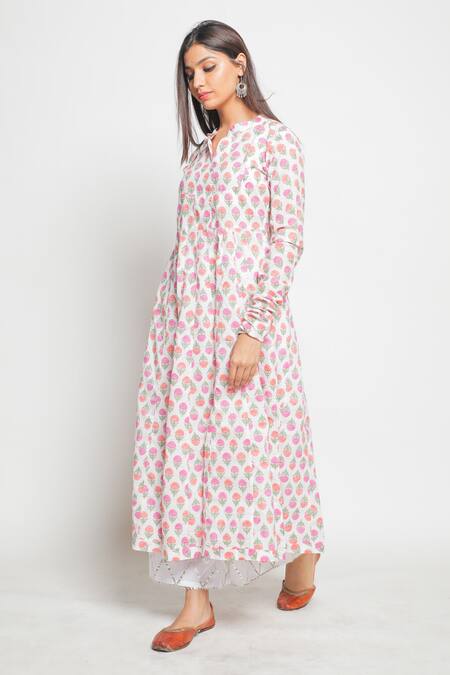 Maison Shefali White Cotton Printed Flared Kurta And Palazzo Set Online at Aza Fashions Maison Shefali_White Cotton Printed Flared Kurta And Palazzo Set _Online_at_Aza_Fashions