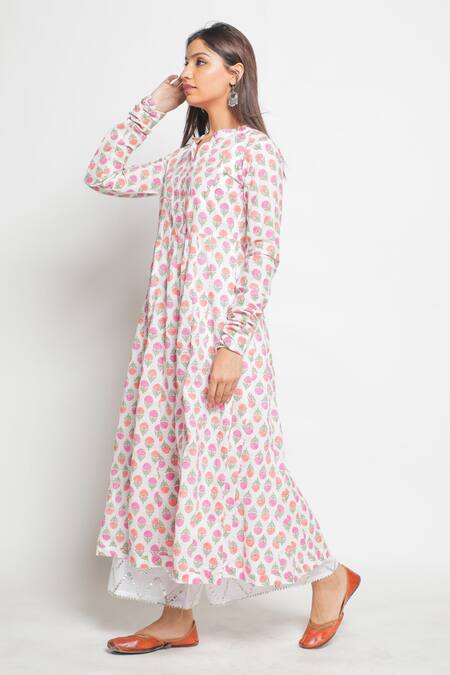 Shop Maison Shefali White Cotton Printed Flared Kurta And Palazzo Set Online at Aza Fashions Shop_Maison Shefali_White Cotton Printed Flared Kurta And Palazzo Set _Online_at_Aza_Fashions