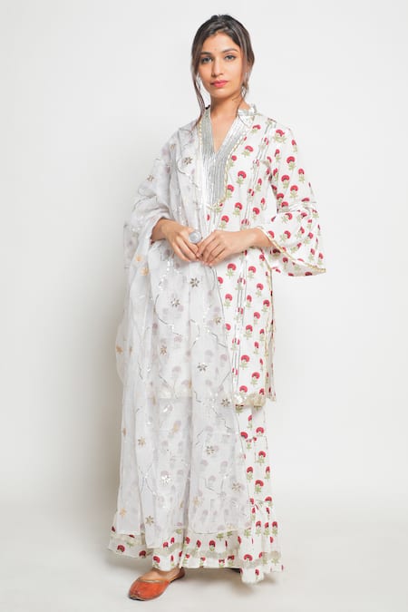 Maison Shefali_White Cotton Printed Kurta Sharara Set _Online_at_Aza_Fashions