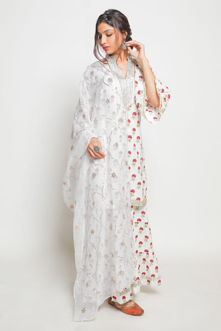 Buy_Maison Shefali_White Cotton Printed Kurta Sharara Set _Online_at_Aza_Fashions