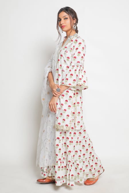 Shop_Maison Shefali_White Cotton Printed Kurta Sharara Set _Online_at_Aza_Fashions