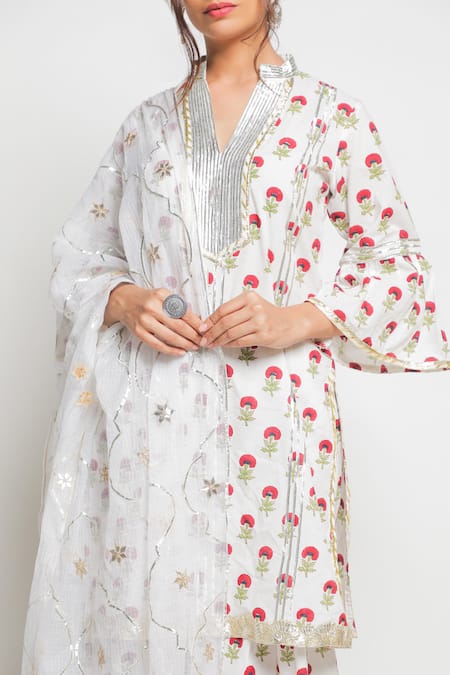 Maison Shefali_White Cotton Printed Kurta Sharara Set _at_Aza_Fashions
