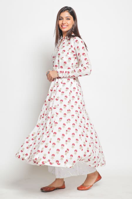 Maison Shefali White Cotton Printed Flared Kurta And Palazzo Set 