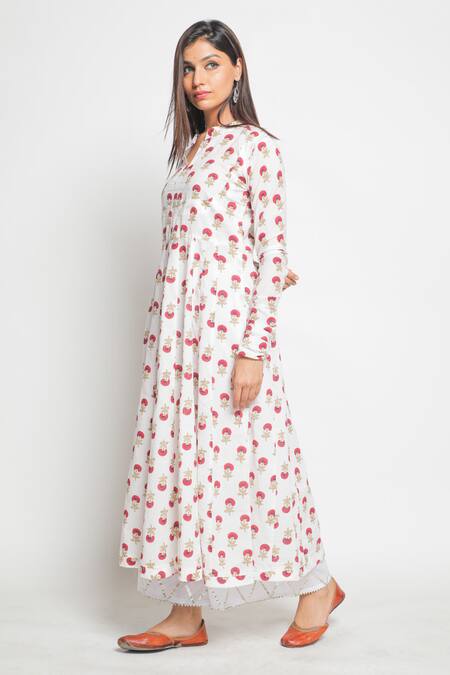 Maison Shefali White Cotton Printed Flared Kurta And Palazzo Set Online at Aza Fashions Maison Shefali_White Cotton Printed Flared Kurta And Palazzo Set _Online_at_Aza_Fashions
