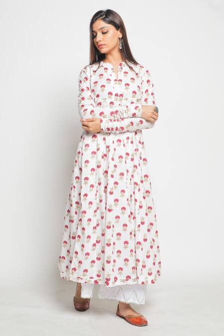 Shop Maison Shefali White Cotton Printed Flared Kurta And Palazzo Set Online at Aza Fashions Shop_Maison Shefali_White Cotton Printed Flared Kurta And Palazzo Set _Online_at_Aza_Fashions