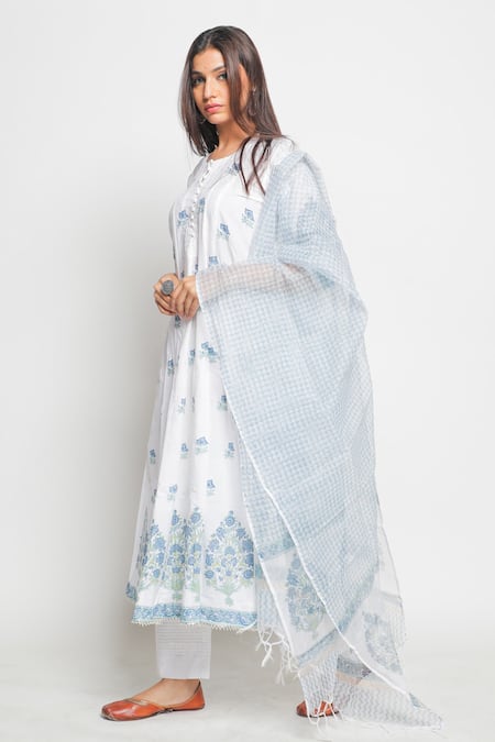 Buy Maison Shefali Blue Kota Doria Printed Flared Kurta With Dupatta Online at Aza Fashions Buy_Maison Shefali_Blue Kota Doria Printed Flared Kurta With Dupatta _Online_at_Aza_Fashions