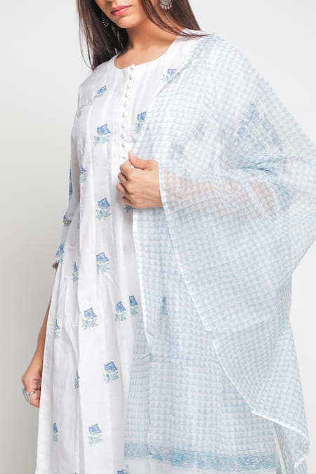 Shop Maison Shefali Blue Kota Doria Printed Flared Kurta With Dupatta Online at Aza Fashions Shop_Maison Shefali_Blue Kota Doria Printed Flared Kurta With Dupatta _Online_at_Aza_Fashions