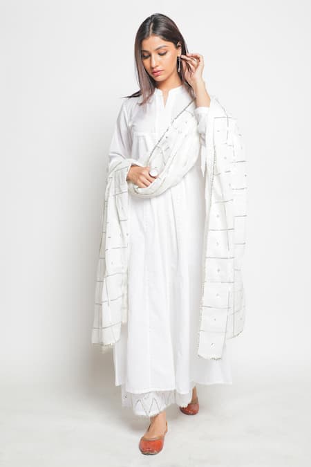 Maison Shefali_White Cotton Mul Flared Kurta Palazzo Set _Online_at_Aza_Fashions