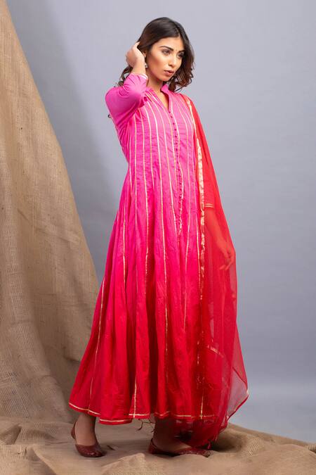 Maison Shefali_Pink Cotton Embroidered Anarkali With Dupatta _Online_at_Aza_Fashions