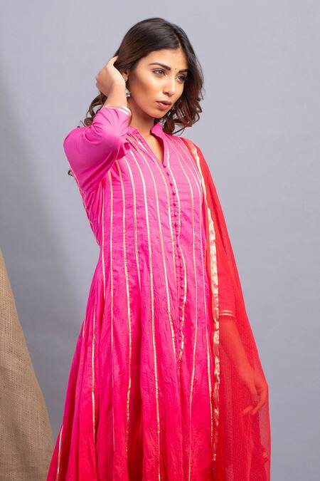 Buy_Maison Shefali_Pink Cotton Embroidered Anarkali With Dupatta _Online_at_Aza_Fashions