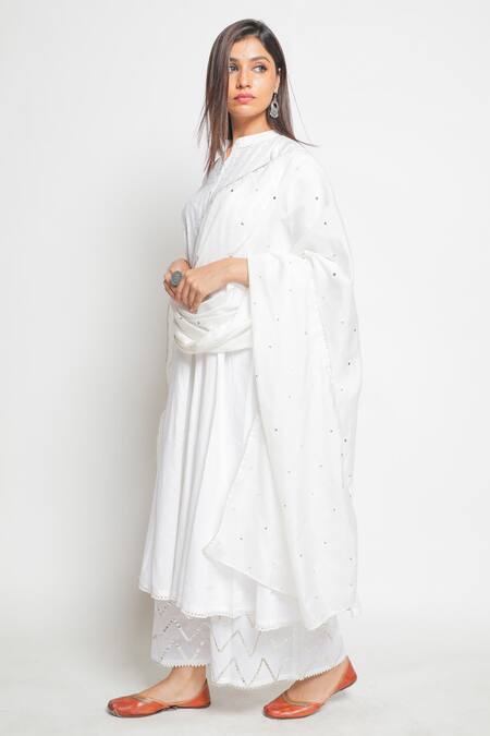 Maison Shefali_White Chanderi Badla Work Flared Kurta Palazzo Set_Online_at_Aza_Fashions