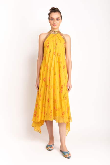 Buy_Prevasu_Yellow Logo, Sequin And Mirror Work Halter Neck Printed Pleated Dress  _Online_at_Aza_Fashions