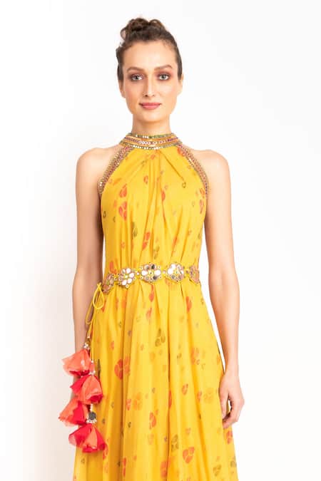 Shop_Prevasu_Yellow Logo, Sequin And Mirror Work Halter Neck Printed Pleated Dress  _Online_at_Aza_Fashions