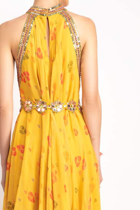 Prevasu_Yellow Logo, Sequin And Mirror Work Halter Neck Printed Pleated Dress  _at_Aza_Fashions