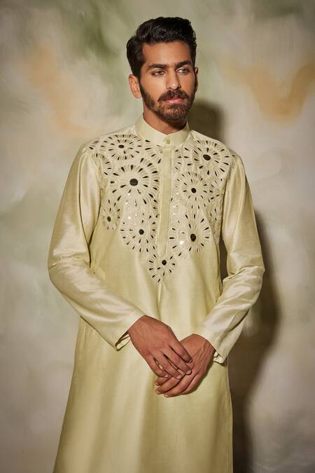 Diyarajvvir_Green Cotton Silk Circle Embroidered Kurta _Online_at_Aza_Fashions