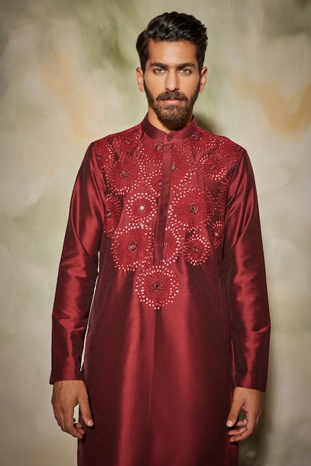 Diyarajvvir_Maroon Cotton Silk Sunray Embroidered Kurta _Online_at_Aza_Fashions