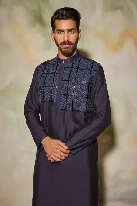 Diyarajvvir_Blue Cotton Silk Quilted Kurta _Online_at_Aza_Fashions