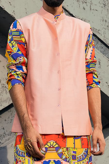 Diyarajvvir_Pink Cotton Silk Geometric Bundi And Printed Kurta Set _Online_at_Aza_Fashions