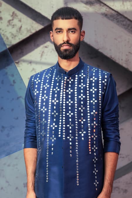 Diyarajvvir_Blue Cotton Silk Rain Drop Embroidered Bundi And Kurta Set _Online_at_Aza_Fashions