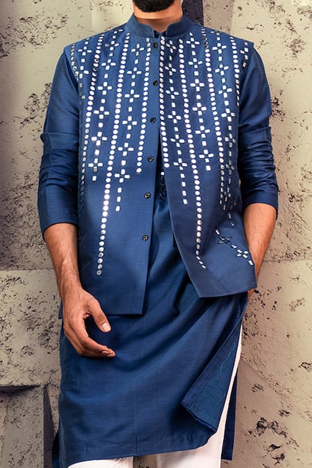 Buy_Diyarajvvir_Blue Cotton Silk Rain Drop Embroidered Bundi And Kurta Set _Online_at_Aza_Fashions