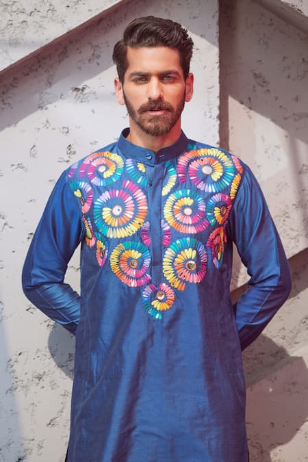 Shop Diyarajvvir Blue Cotton Silk Circle Embroidered Kurta at Aza Fashions Shop_Diyarajvvir_Blue Cotton Silk Circle Embroidered Kurta _at_Aza_Fashions