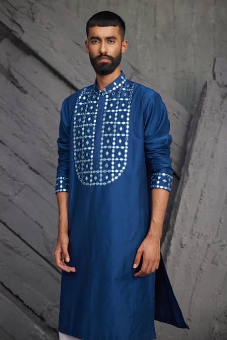 Shop Diyarajvvir Blue Cotton Silk Geometric Embroidered Kurta at Aza Fashions Shop_Diyarajvvir_Blue Cotton Silk Geometric Embroidered Kurta _at_Aza_Fashions