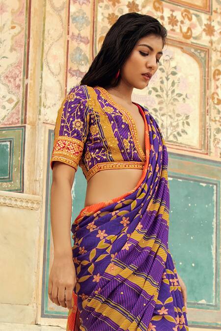 Handloom Purple Raw Silk Blouse with Chaand Design on Neckline – WeaverStory