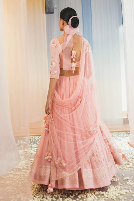 Shop Madzin Pink Silk Lining Shantoon Round Lehenga Set at Aza Fashions Shop_Madzin_Pink Silk Lining Shantoon Round Lehenga Set _at_Aza_Fashions